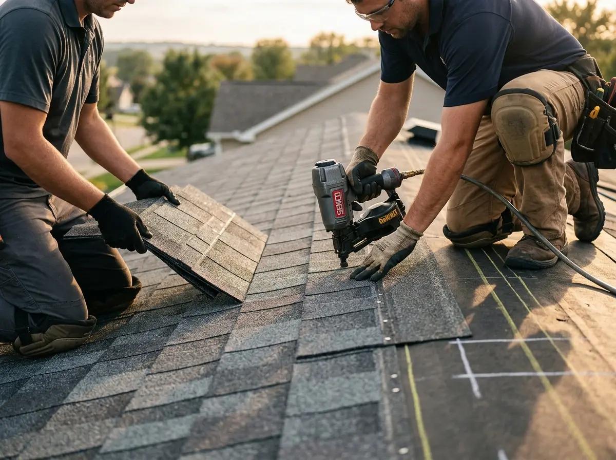 Professional roofer working on a residential roof in Miami Springs